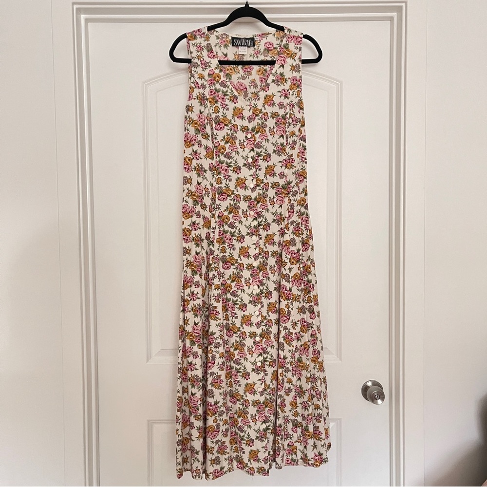Vintage 90s Switch USA Floral Dress Sleeveless Maxi Corset Lace Up Back Rayon